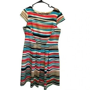 ANNE KLEIN Colorful Striped Fit Flare Dress size 12 Bold Office Pleated